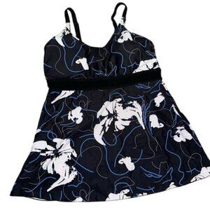 Black & White Floral Print Tankini Top XL Adjustable Straps Swimwear